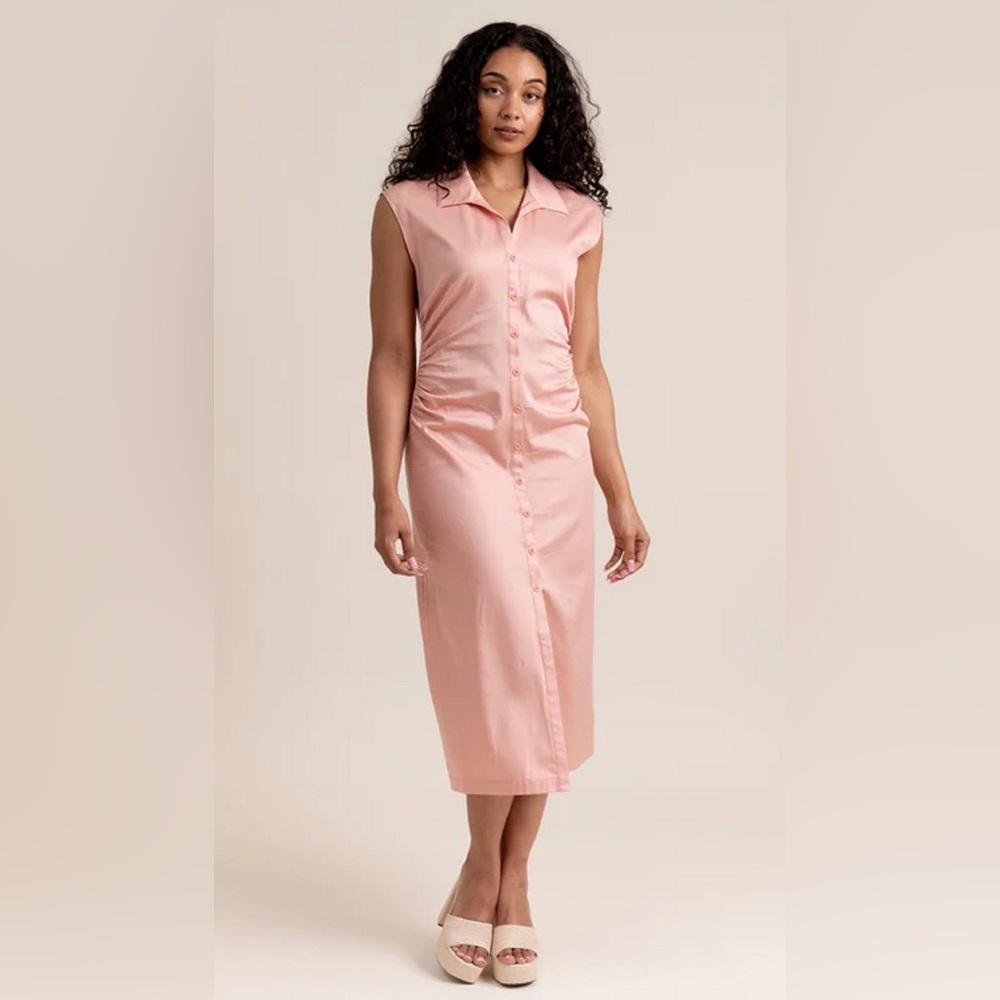 NWT Large Midi Blush Pink Button down shirt dress ruching cotton sateen stretch